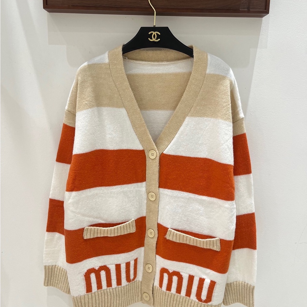 Miu Miu Striped Cream, Tan & Orange Button-Front Cardigan